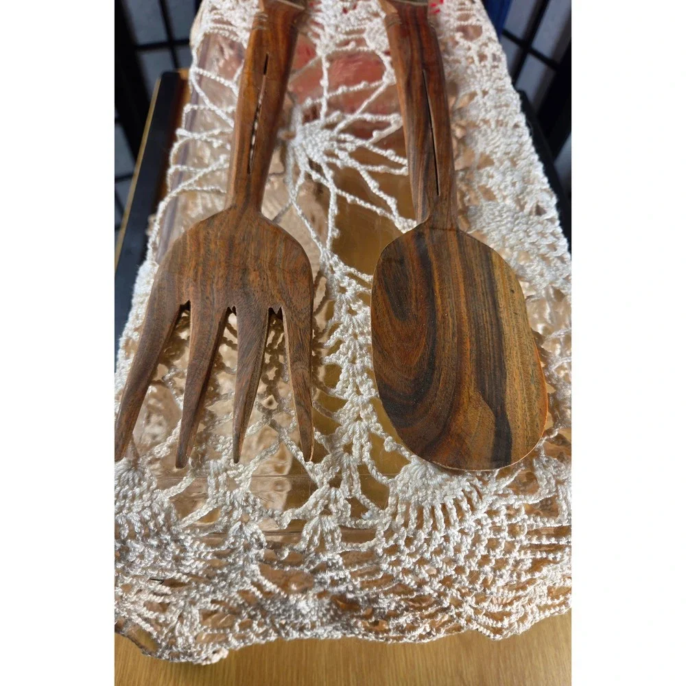 Vintage Hand Carved Wooden Tiki Tribal Salad Servers Spoon and Fork Set 14 Inch